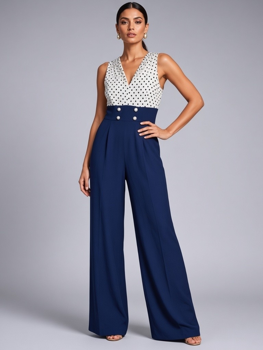 Navy & White Polka Dot V-Neck Wide-Leg Jumpsuit